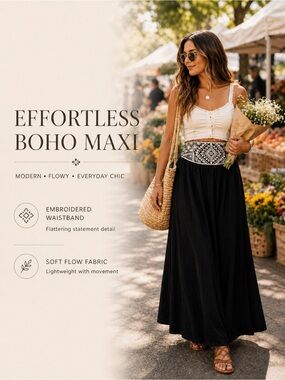 American Eagle Boho Black Maxi Skirt | Embroidered Waistband | Effortless Chic